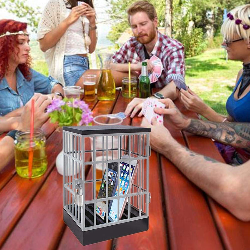 Mobile Phone Jail Cell Phones Prison Lock Up Safe Smartphone Stand Holders Classroom Home Table Office Storage Gadget -Family Time, Party Fun Novelty Gift Idea Grey + black