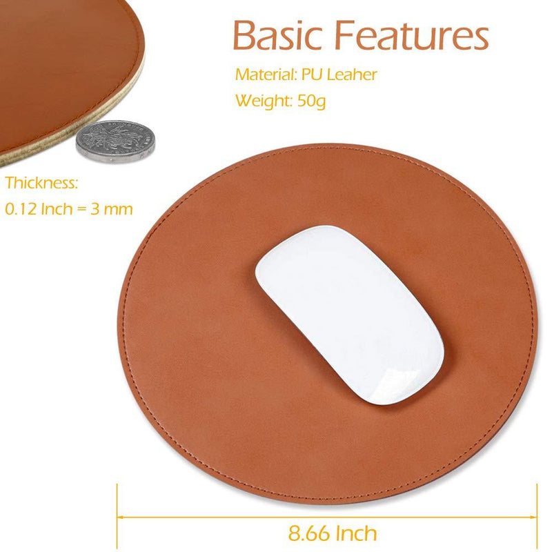 ProElife Premium Mouse Pad Mat Round PU Leather Mousepad for Home Office, for Magic Mouse/Surface Mouse and Wired/Wireless Bluetooth Mouse (Brown), Noiseless/Durable/Waterproof Surface PU leather-Brown