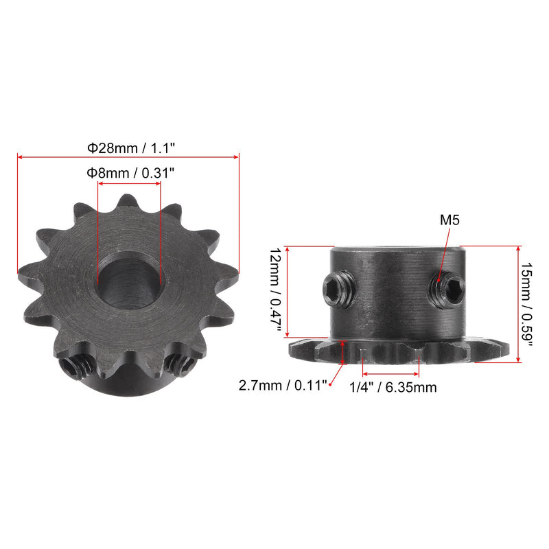 uxcell 13 Tooth Roller Sprocket B Type, 25 Chain, Single Strand 1/4" Pitch, 8mm Bore Black Oxide C45 Carbon Steel with Set Screws for ISO 04C