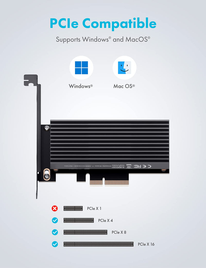 GRAYEAR | M.2 PCIe 4.0 card | for M.2 NVMe SSD | M key | 4X silicone thermal pads | Large aluminum heatsink | 2280, 2260, 2242, 2230 | High + low profile slot bracket | G-M2PCI01