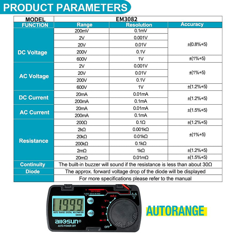 allsun Mini Auto Range Digital Multimeter AutomotiveTester AC DC Volt AMP OHM LCD Voltmeter Ammeter Tester Tool Auto Power Off Data Hold EM3082