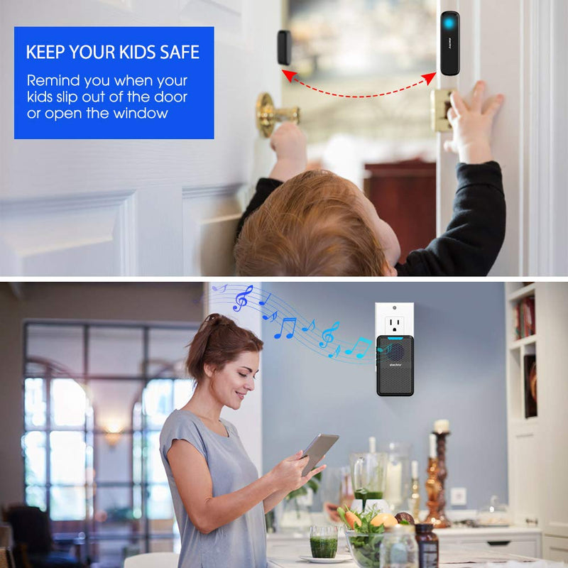 Wireless Door Chime, 600ft Range 2 Magnetic Door Alarm Sensor 1 DoorBell Plugin Receiver set with 62 Tunes 5 adjustable Volumns for Business/Home/Office/Stores,STECHRO (1 Receiver+2 Sensor) 1 Receiver+2 Sensor