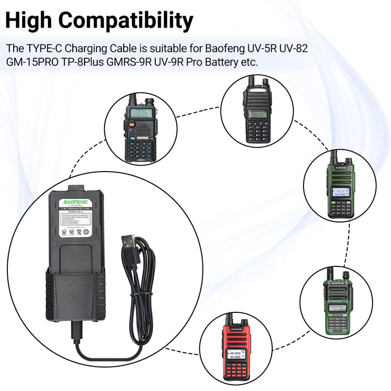 BAOFENG BL-5 3800mAh Extended Battery with Type-C Charger Cable for Walkie Talkie UV-5R BF-F8HP UV-5RX3 RD-5R UV-5RTP UV-5R MK2 MK3X MK5 Plus Series Two Way Radio Black-3800mAh+Type-C