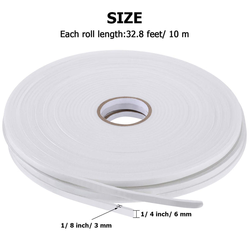 3 Rolls Foam Mounting Tape White PE Double Sided Foam Tape Foam Adhesive Tape (1/4 Inch Wide by 32.8 Feet Long Each Roll) 1/ 4 Inch Wide by 32.8 Feet Long Each Roll