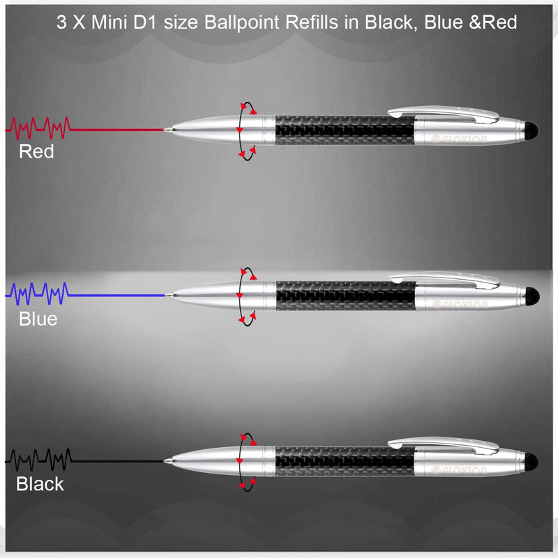 Glovion Multi-functional Pen 2 in 1 Writing Ballpoint Pen with Stylus Tip for Touch Screen, Genuine Carbon Fiber, Black/Blue/Red D1 Refill Fine Point for Anniversary, Business, Office