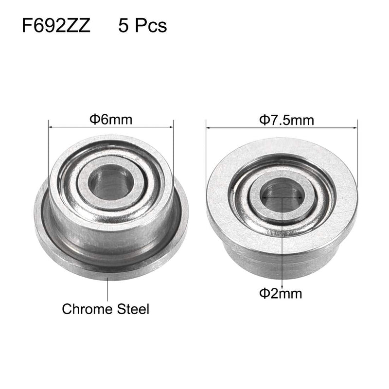 uxcell F692ZZ Flanged Ball Bearing 2x6x3mm Double Metal Shielded (GCr15) Chrome Steel Bearings 5pcs