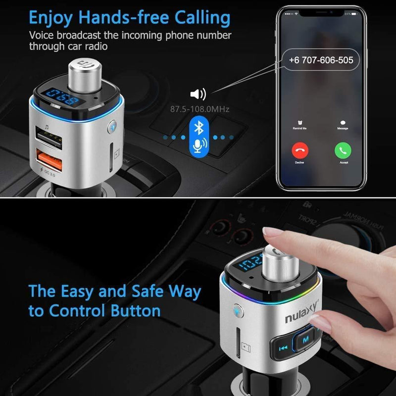 Nulaxy Bluetooth FM Transmitter for Car, 7 Color LED Backlit Bluetooth Car Adapter with QC3.0 Charging, Support Siri Google Assistant, USB Flash Drive, microSD Card, Handsfree Car Kit (A- Silver) A- Silver