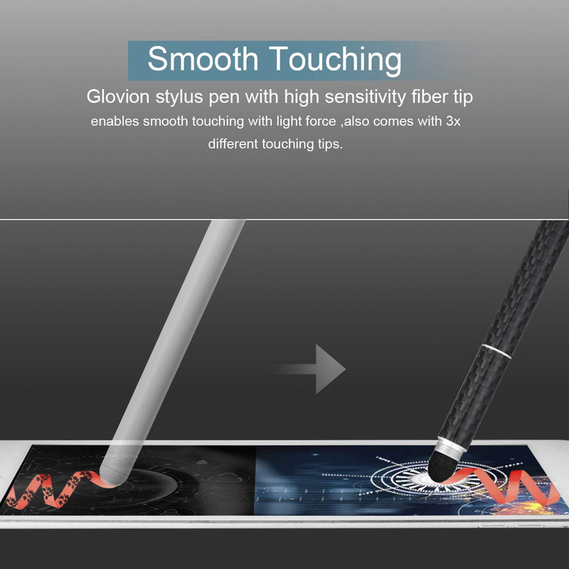 Glovion Carbon Fiber Stylus Pens for Touch Screens, for iPad iPhone, Android Tablets, Universal Stylus with Replaceable Updated Sensitive Clear Disc Tip, Felt Tip, Rubber Tip - Gift Box Included Black