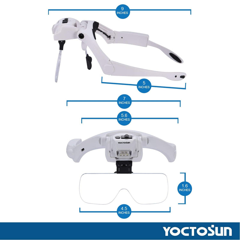 YOCTOSUN Head Magnifier with 5 LED Lights, Rechargeable Hands Free Headband Magnifying Glass with 5 Interchangeable Lenses, Great Magnifying Glasses for Jewelry, Arts and Crafts, Hobby
