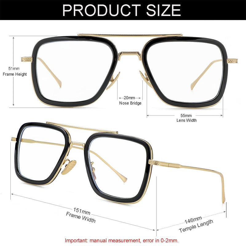 2 Pack Tony Stark Style Blue Light Blocking Glasses for Men Women, Iron Man and Spider-Man Metal Frame Eyeglasses 1 Pack: Black/Gold 55 Millimeters