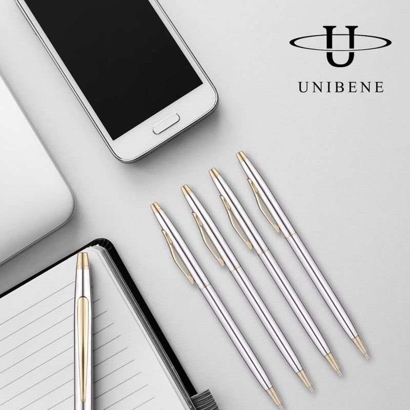 Unibene Slim Stainless Steel Retractable Ballpoint Pens - Steel & Gold, Nice Gift for Business Office Students Teachers Wedding Christmas, Medium Point(1 mm) 6 Pack-Black ink Stainless Steel & Gold