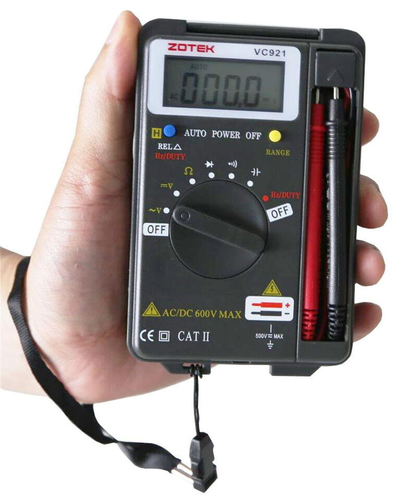 Digital Multimeter, Auto Ranging Pocket Digital Multimeter Digital Multi Tester - AC DC Voltage DC Current Resistance Diodes Capacitance Transistor Measuring Instrument (VC921) Black VC921