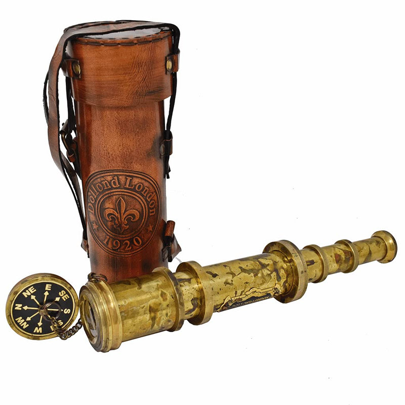 Antique Brass Pirate Telescope camping accessories Kid's Telescope Glass Optic Marine Sailor's Spyglass, 18 inch Brass Made w High Resolution Magnification Monocular w Brown Leather Case Nautical Gift