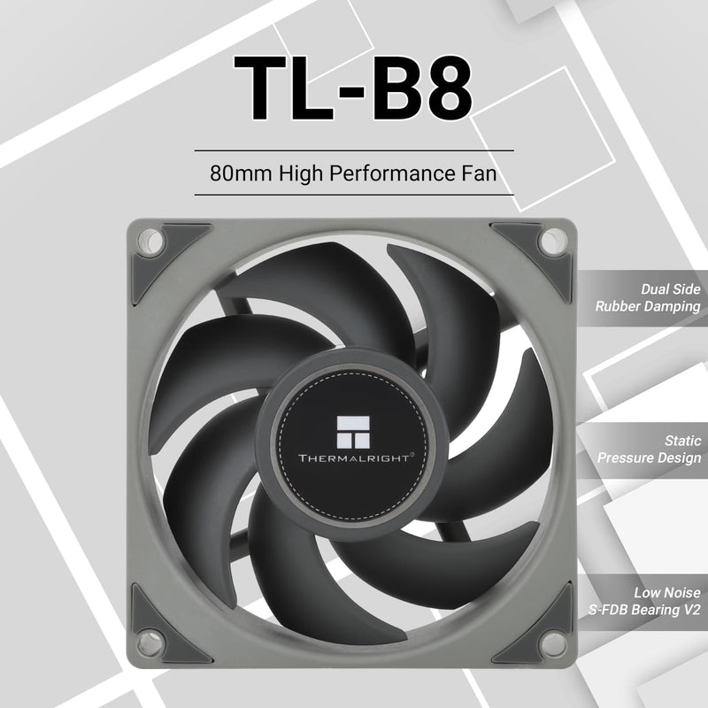 Thermalright TL-B8 CPU Fan Computer Case Fan Quiet 4pin PWM PC Fan, 80mm Silent Cooler Fan, 2200RPM Speed, CPU Cooling Fan(Gray)