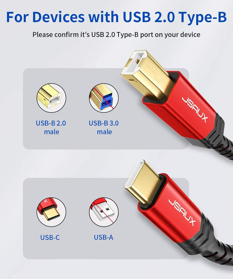 USB C Printer Cable 10FT, JSAUX USB B 2.0 to USB Type C Male Printer Scanner Cord Compatible with MIDI, MacBook Pro, Epson, HP, Canon, Lexmark, Brother, Xerox, Samsung Printers-Red red