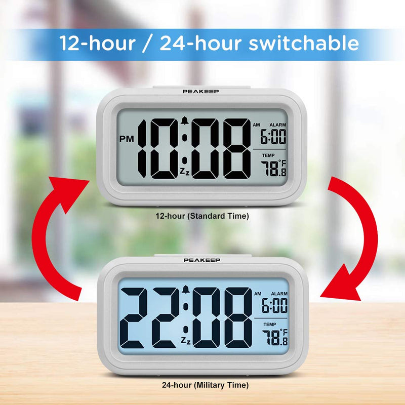 Peakeep Smart Night Light Digital Alarm Clock with Indoor Temperature, Battery Operated Desk Small Clock (White) White