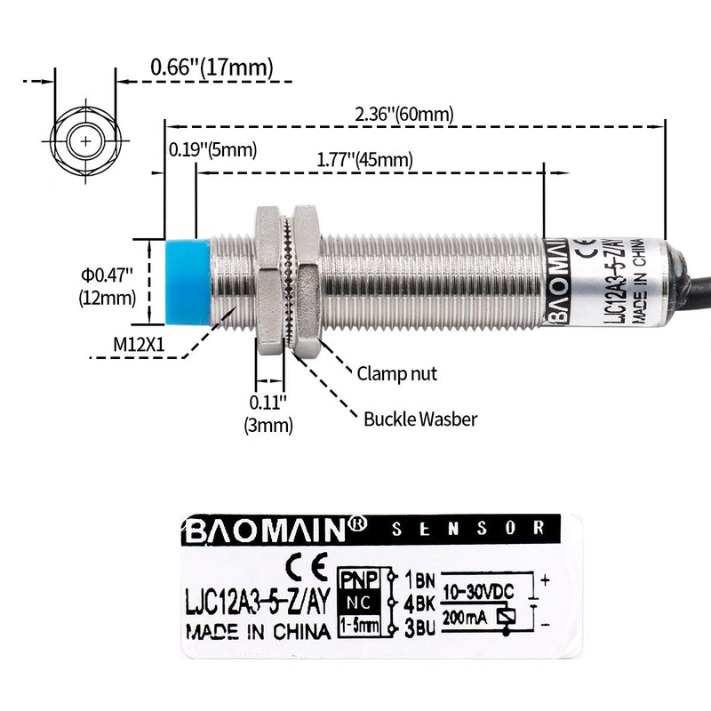 Baomain Capacitive Proximity Sensor Switch LJC12A3-5-Z/AY PNP NC DC 10-30V 200mA 1-5mm Blue