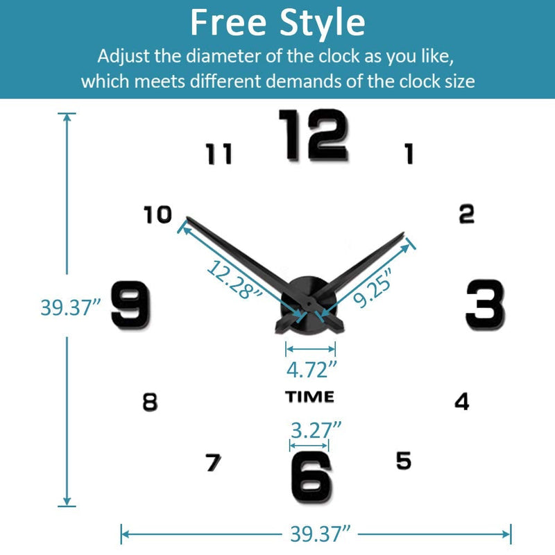 Mintime Modern Frameless DIY Wall Clock Large 3D Wall Watch Mirror Numbers for Home Office Decorations Black-005