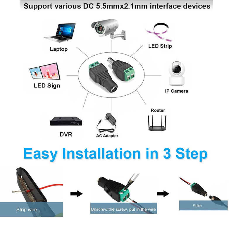 DC Power Connector 15 Pairs 12V Male+Female 2.1x5.5MM DC Power Jack Plug Adapter Connector for CCTV Camera and LED Strip Light