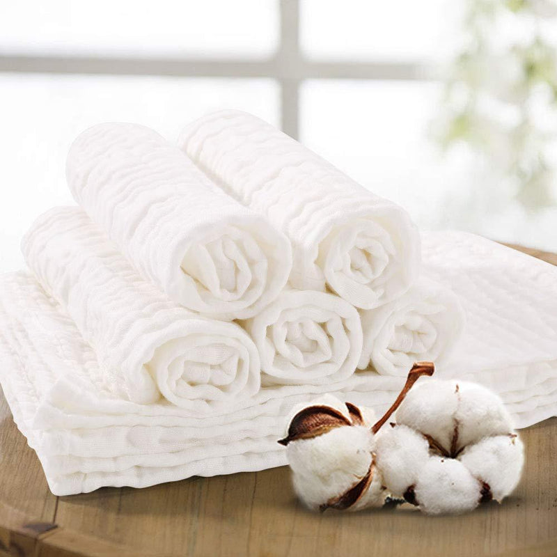Muslin Burp Cloths for Baby 10 Pack 100% Cotton Baby Washcloths Large 20''X10'' Super Soft and Absorbent by YOOFOSS - White