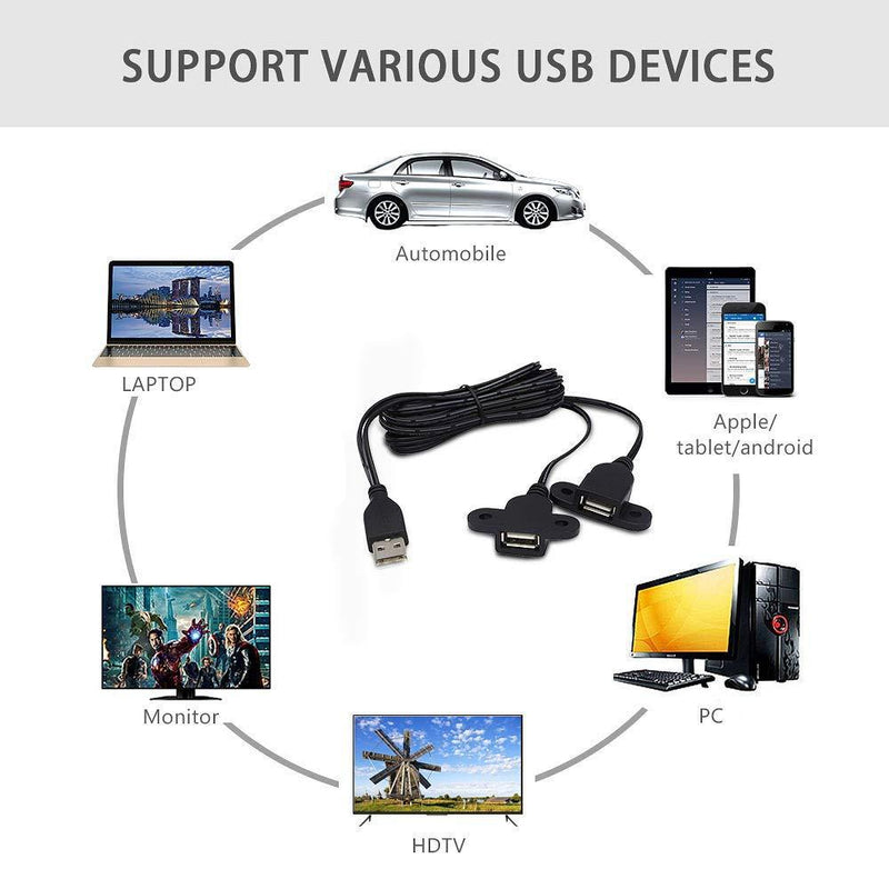 USB 2.0 Male to Dual Female Charging Extension Cable, Furniture nightstand USB Port, Panel Mount Cable with Screw Hole Used for:Mobile Phones,Table Lamps,Portable Power and More 5 ft (1pc) 1 pc