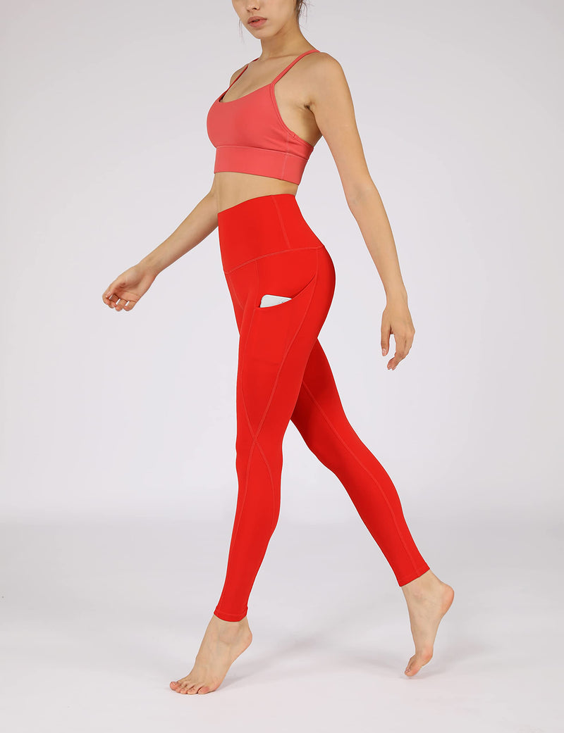 ODODOS Women's High Waisted Yoga Leggings with Pockets,Tummy Control Non See Through Workout Athletic Running Yoga Pants X-Small Red