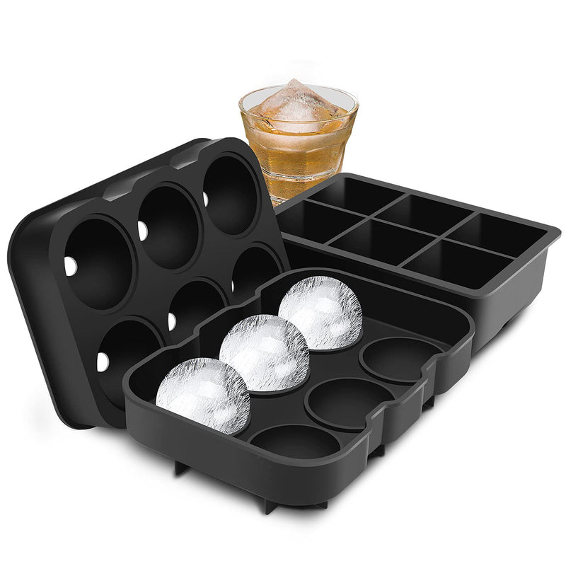 Ticent Ice Cube Trays (Set of 2), Silicone Sphere Whiskey Ice Ball Maker with Lids & Large Square Ice Cube Molds for Cocktails & Bourbon - Reusable & BPA Free Black