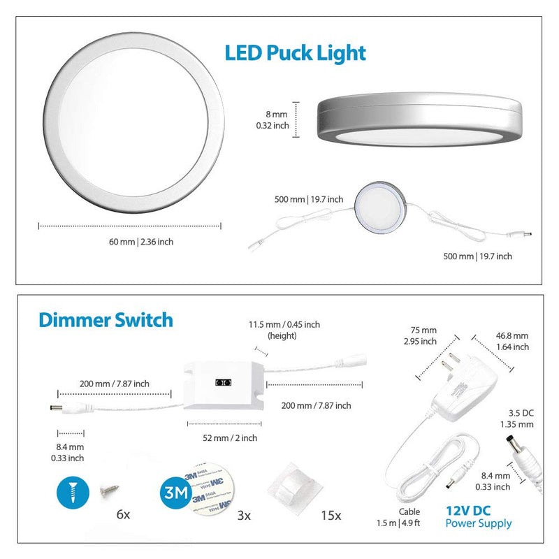 EShine Under Cabinet Puck Lights with Hand Wave Sensor – Circular LED Cabinet Lights – Dimmable – Pack of 3, Warm White (3000K) Warm White (3000k) 3 pack