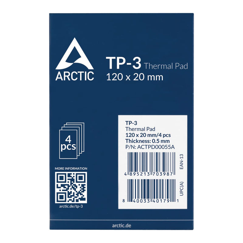 ARCTIC TP-3: Premium Performance Thermal Pad, 120 x 20 x 0.5 mm (4 Pieces) - Thermal Conduction pad, Excellent Heat Conduction, Low Hardness, Ideal Gap Filler, Easy Installation, Safe handling 120 x 20 x 0,5 mm (4 Pieces)