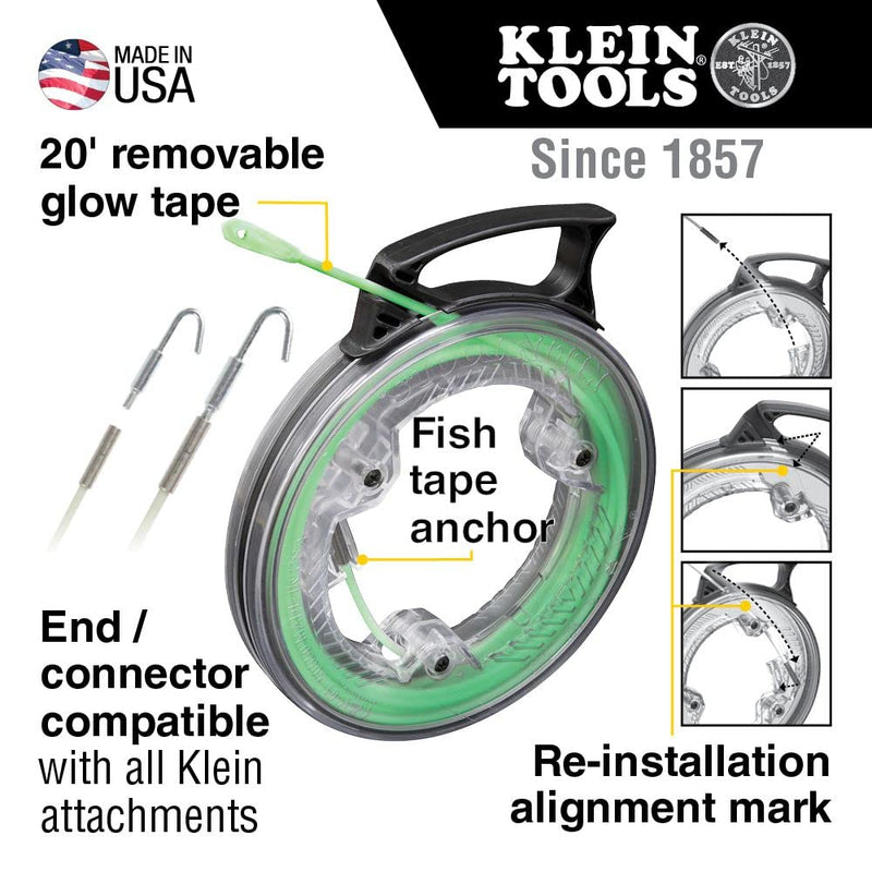 20-Foot Glow In The Dark Fish Tape, Fiberglass with Nylon Tip and Stainless-Steel Connector for Fish Rod Attachments Klein Tools 50550