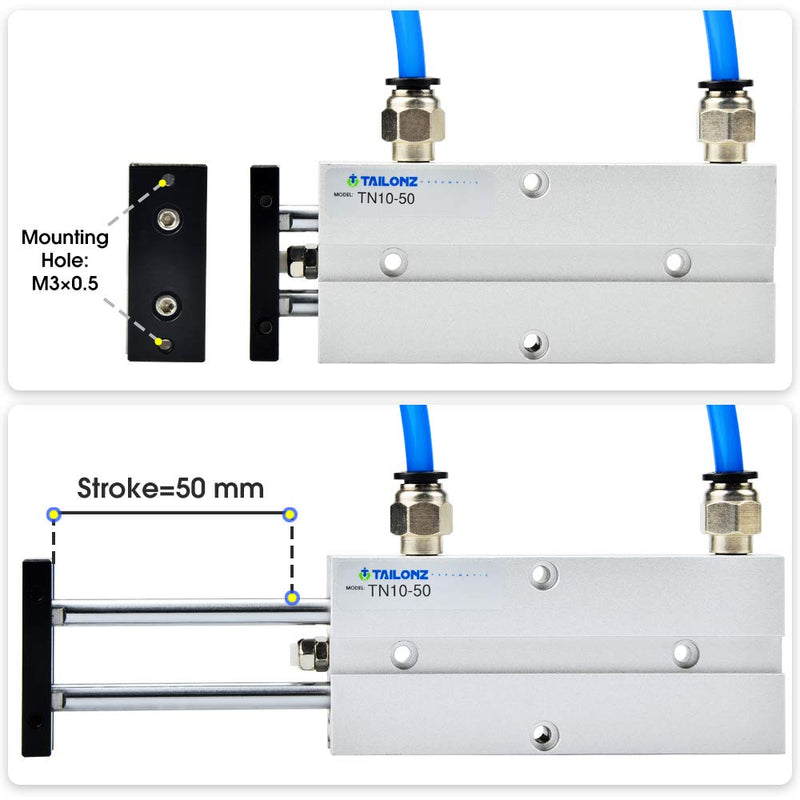 TAILONZ PNEUMATIC 10mm Bore 50mm Stroke Double-Rod Double-Acting Aluminum Pneumatic Air Cylinder TN10-50 Bore:10mm Stroke:50MM