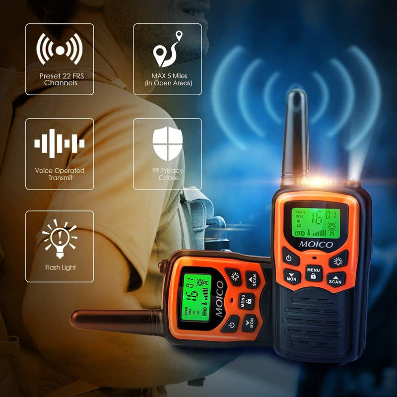Walkie Talkies,MOICO Walkie Talkies for Adults,Walkie Talkies Long Range with 22 Channels FRS VOX LCD Display with LED Flashlight for Biking Hiking Camping(Orange) Orange