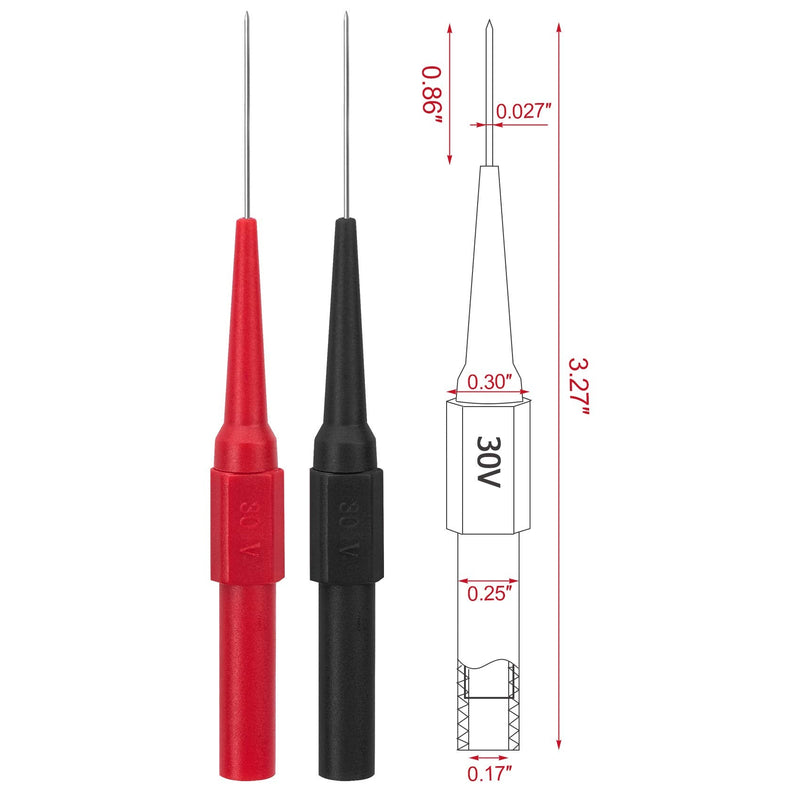 OIIKI 4Pcs 0.7mm Test Probe Pins, Non-Destructive Insulation Wire Piercing Needle, Stainless Steel Back Probe Pins, Super Tip Multimeter Probes for Banana Socket Plug, Car Tester (Black&Red) Style 1