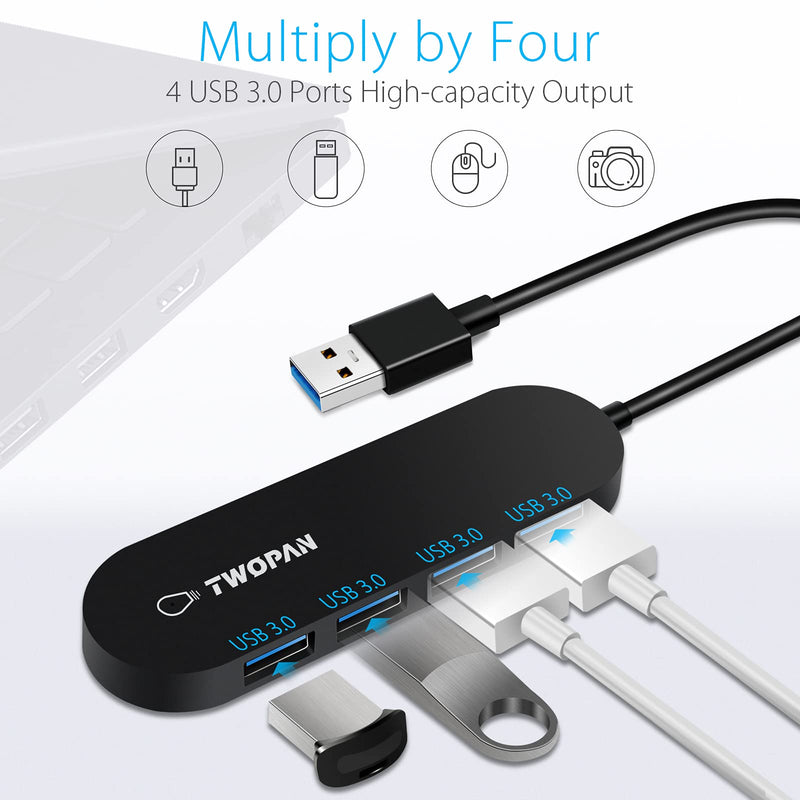 TWOPAN USB Sliptter HUB 3.0 Adapter 4-Port USB A Adapter High Speed Ports Ultra Slim Mini USB Hub with an Extra USB C Adapter for Desktop, Computer Laptop/ T2-A Black A