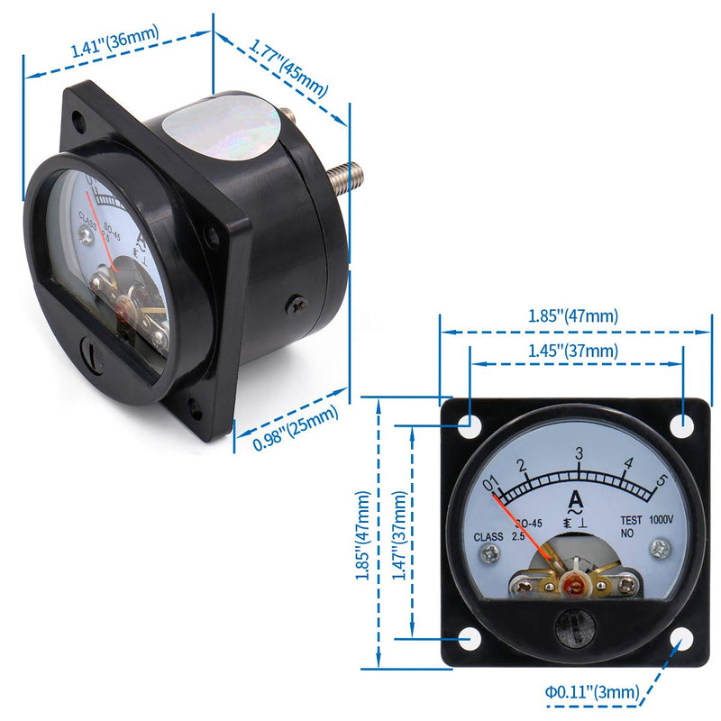 Baomain Round Ammeter SO-45 Analog Panel Meter Class 2.5 Accuracy AC 0-5A Black