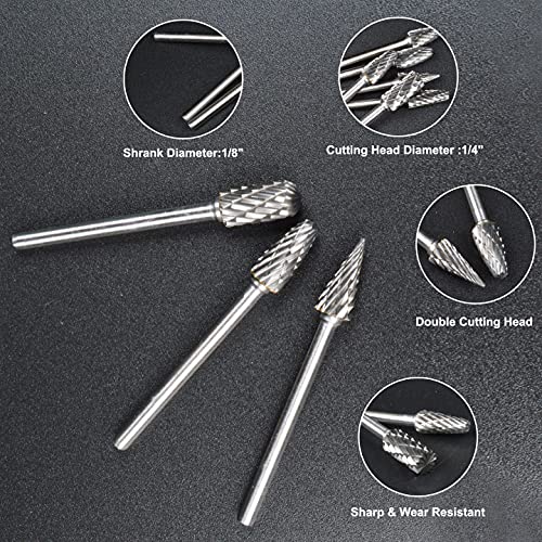 Double Cut Carbide Rotary Burr Set, Rotary Tool 20 Pcs Tungsten Steel Carbide Double Cut for Dremel Carving Bits, 1/8" Shank and 1/4" Head Length for Metal Polishing Wood Carving Drilling Engraving