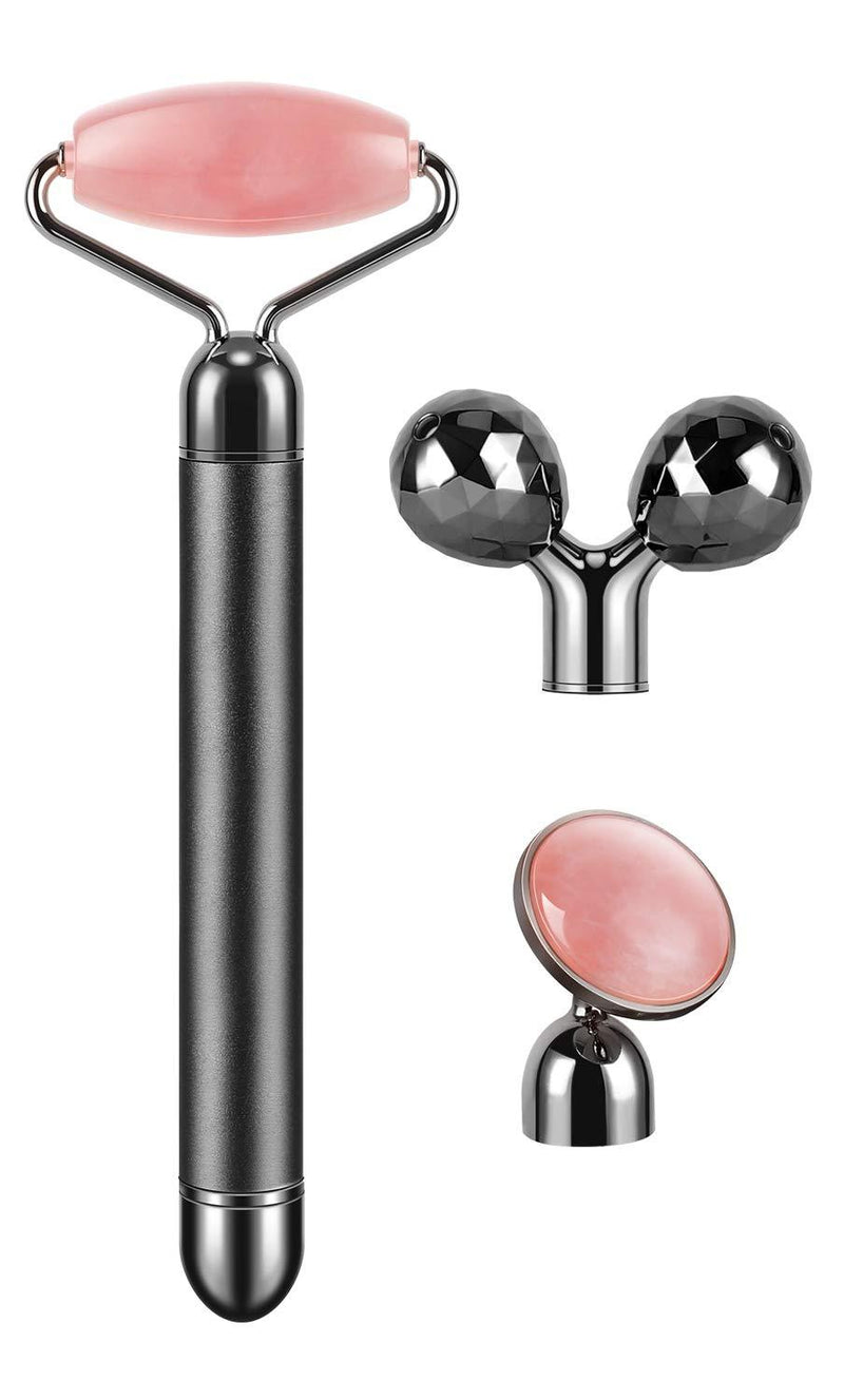 3-in-1 Electric Jade Roller Vibrating Facial Roller & Face Massager, Rose Quartz Black