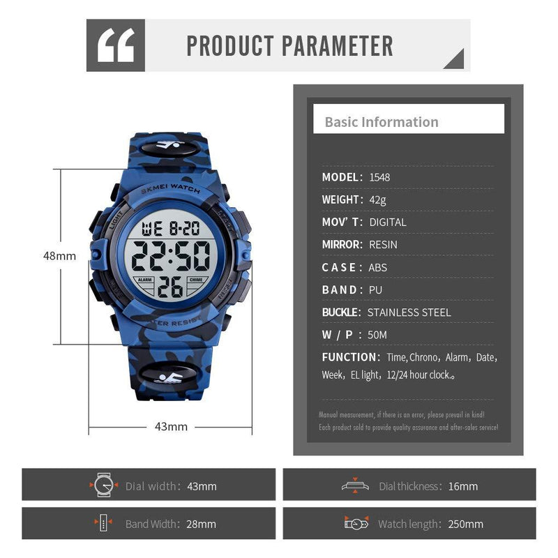 Boys Watch Digital Sports Waterproof Electronic Childrens Kids Watches Alarm Clock 12/24 H Stopwatch Calendar Boy Girl Wristwatch Blue Camo
