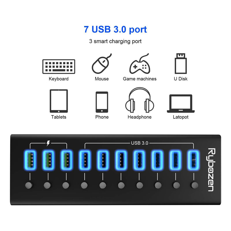 Rybozen Powered USB Hub,10-Port USB 3.0 Hub with 7 USB 3.0 Data Ports + 3 USB Smart Charging Ports,LEDs Individual Switches and Power Adapter for Keyboard, Mouse, Printer, Hard Drivers 10 Port black