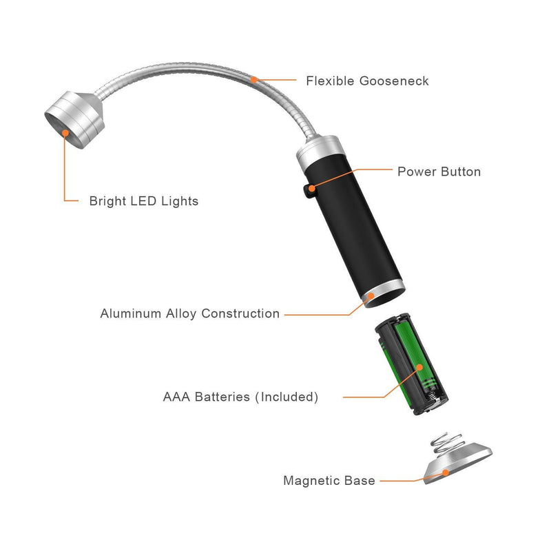 FIREOR Barbecue Grill Light Magnetic Base Super-Bright LED BBQ Lights - 360 Degree Flexible Gooseneck, Weather Resistant, Batteries Included - Pack of 2 Black