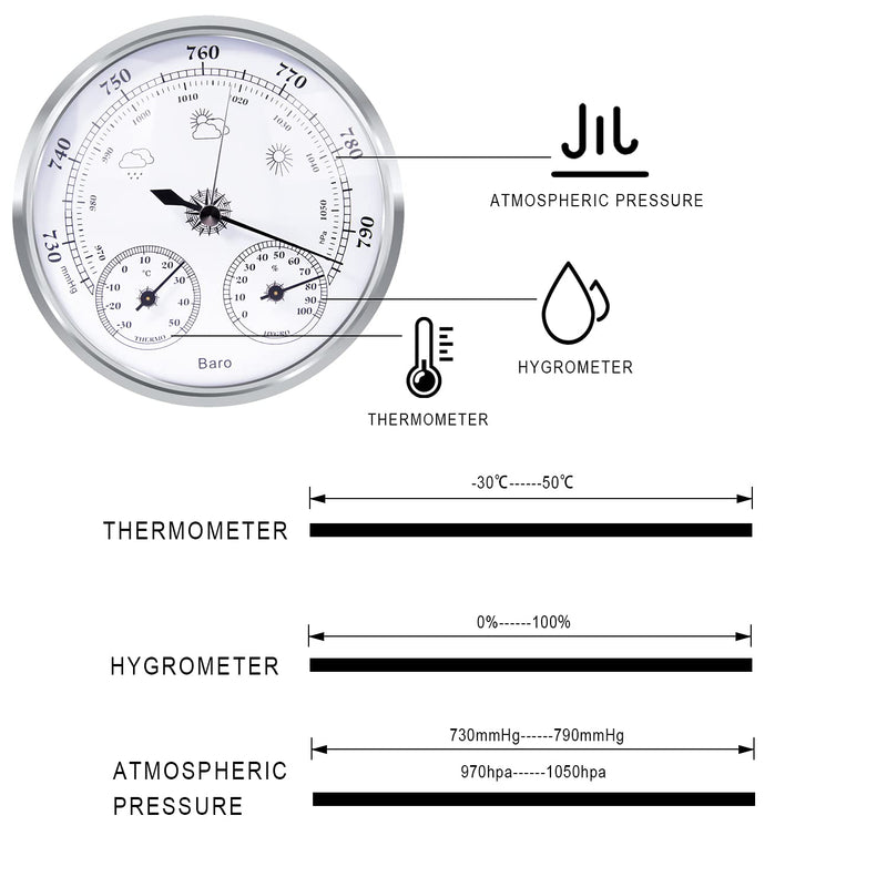 Aowutus Outdoor Barometer Thermometer Hygrometer - 5in Barometer Weather Station, Barometer for Home Wall, Fishing Boat, Baby Room, Office (Silver) SILVER