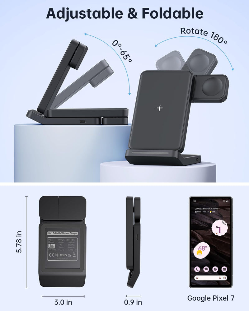 Houflody 3 in 1 Foldable Wireless Charging Station for Google Pixel Watch, Pixel Buds Pro and Google Phones Fold/7 Pro/7a/7/6 Pro/6/5/4/3/XL, Wireless Charger with QC 18W Adapter, Black
