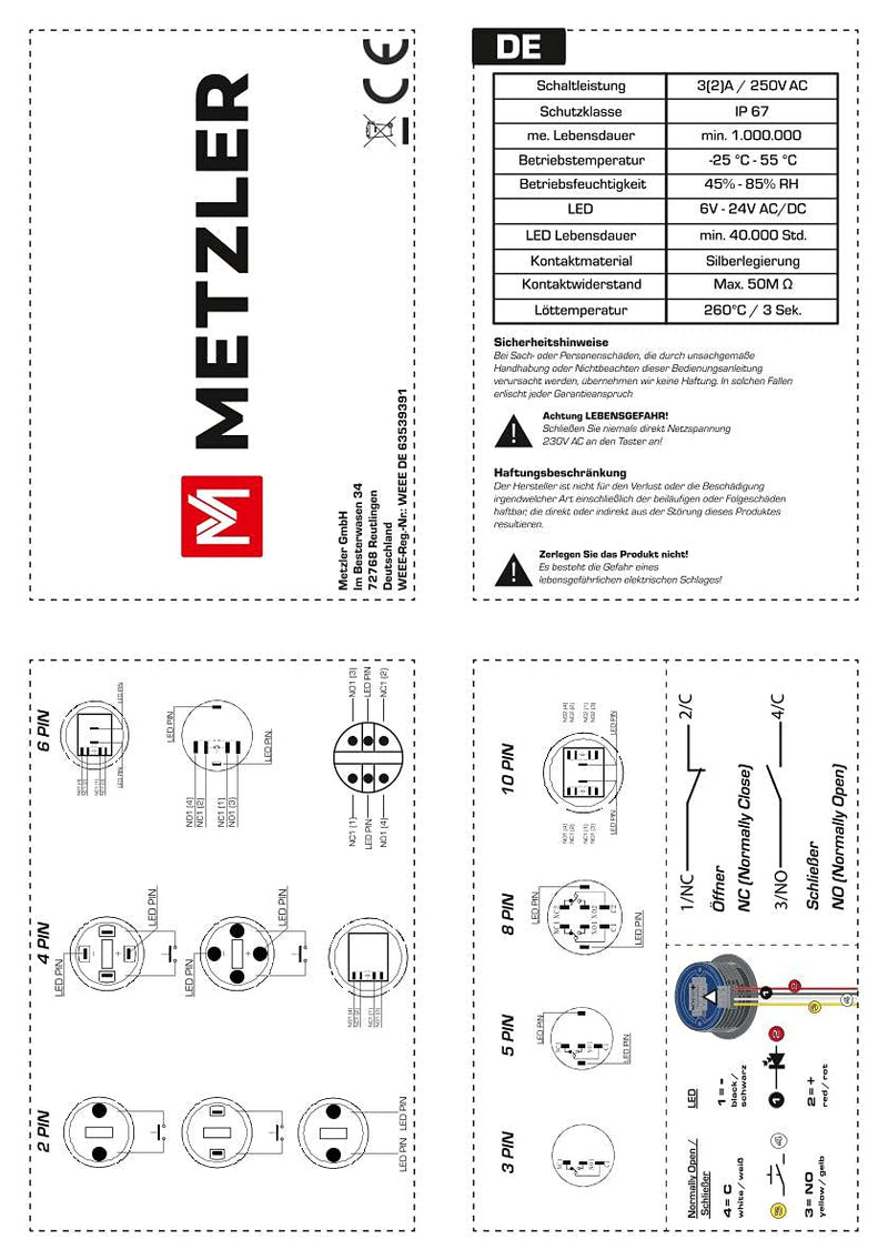 Metzler ultra-flat stainless steel push button rustproof IP67 - installation diameter Ø 19 mm - momentary without LED