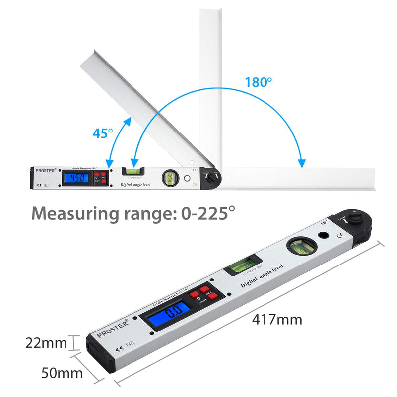 Proster 0-225° Digital Angle Finder LCD Protractor Angle Gauges Spirit Level 400mm/16 inch Vertical Horizontal Dual Spirit Level for Carpenter Woodworking Home Decoration white