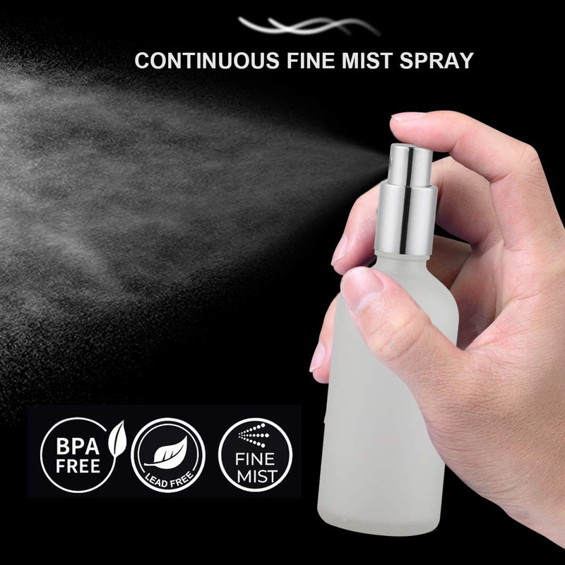 Empty Frosted Glass Spray Bottle 3.4oz, Perfume Atomizer, Fine Mist Spray (2 PACK) 3.4 Ounce (Pack of 2) Silver Frosted