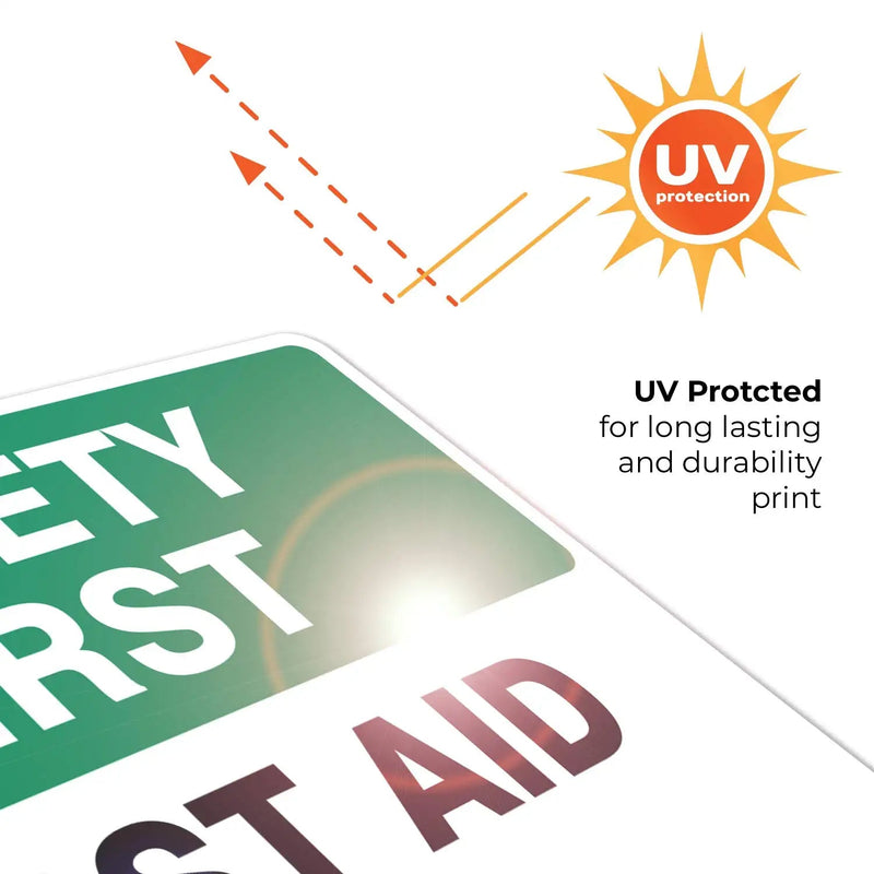 (2 Pack) First Aid Kit Sign, Safety First, 10x7 4 Mil Vinyl Self Adhesive Decal Stickers, Long Lasting, Weatherproof and UV Protected, Made in USA by Sigo Signs Vinyl Sticker