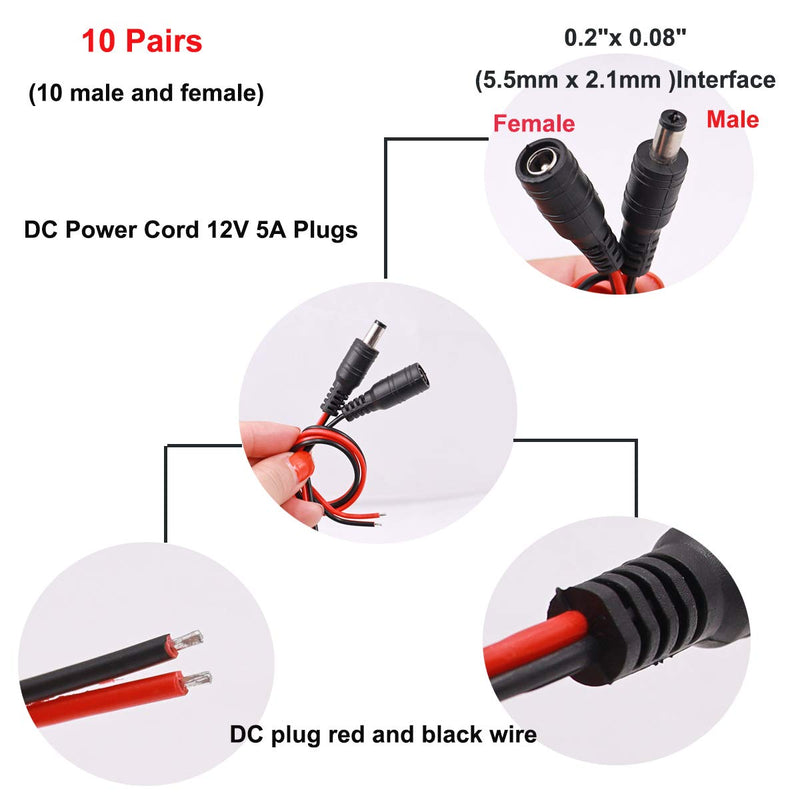 Taiss 10 Pairs 18AWG DC Power Pigtail Cable12V 5A, Used in CCTV Surveillance Camera Pigtail Power Plug Adapter 5.5mm x 2.1mm Male and Female Connectors.F-001-2S-10P