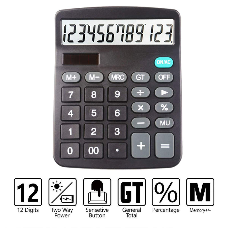 Desk Calculators Large Display 2 Pack,Solar Calculator, Basic Calculator with 12 Digits & Big button,Office calculator(Black)