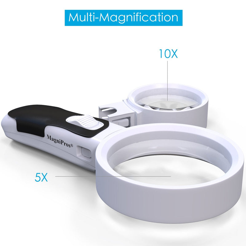 MagniPros Magnifying Glass with Bright LED Lights and 10X + 5X Illuminated 2 Interchangeable Lenses Ideal for Seniors, Maps, Macular Degeneration, Jewelry, Watch & Computer Repair 5X +10X