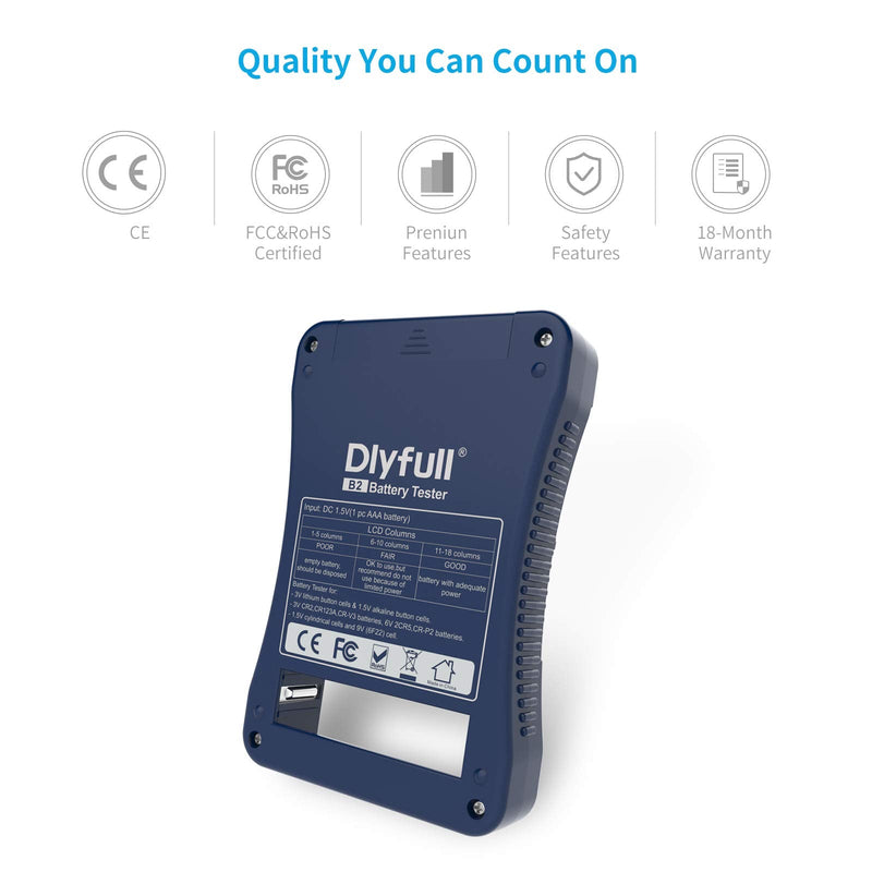 Battery Tester, Dlyfull LCD Display Universal Battery Checker for AA AAA C D 9V CR2032 CR123A CR2 CRV3 2CR5 CRP2 1.5V/3V Button Cell Batteries, 1x AAA Batteries Included